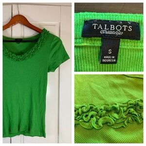 Talbots Ribbed Short Sleeve Ruffle Tee Shirt Womens Small Kelly Green‎ Preppy
